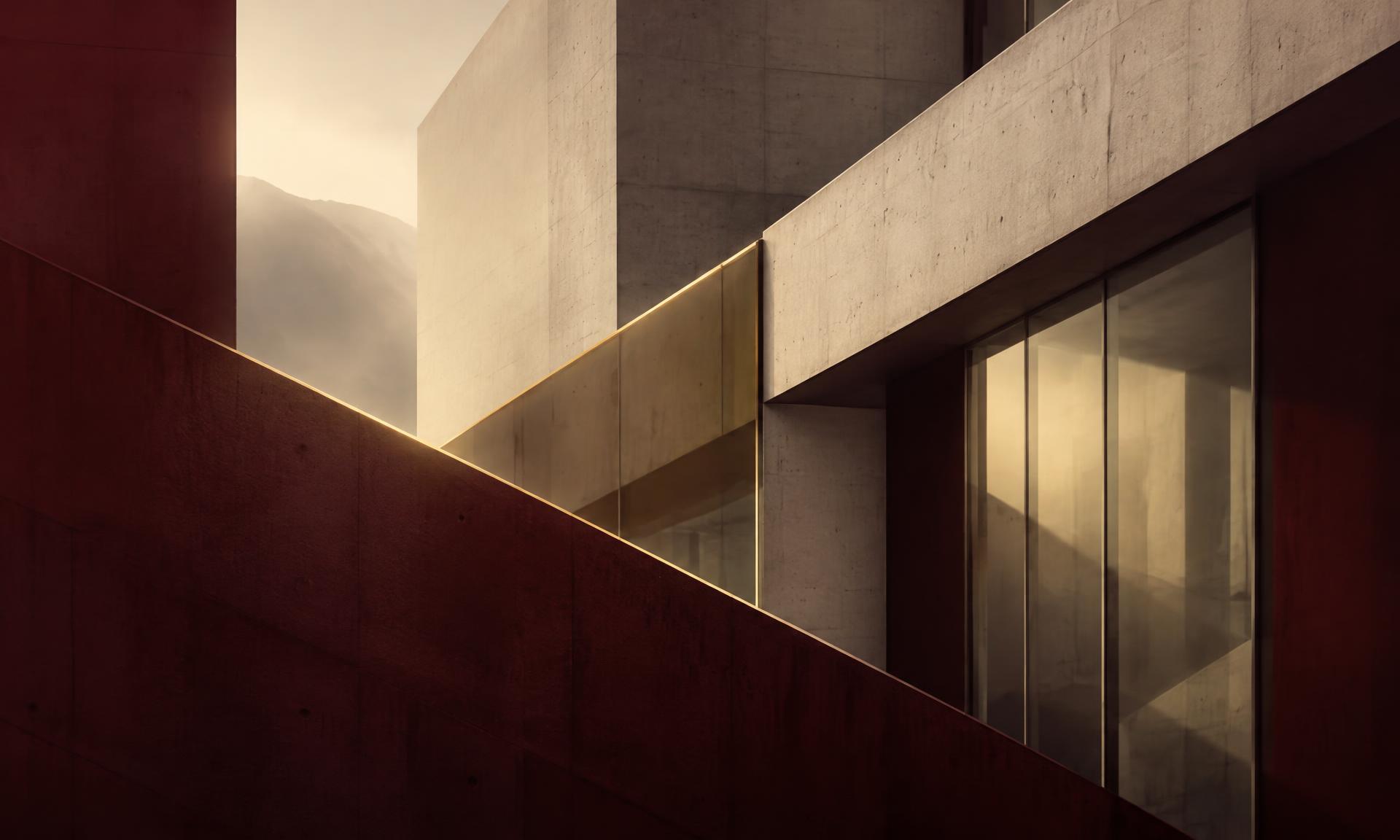 Abstract architectural composition in warm ivory, burgundy and antique gold light